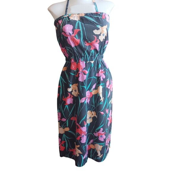 Medium Vintage 70's Sears Floral Halter Dress Elastic Waist Tie Back Flowers - Picture 6 of 9